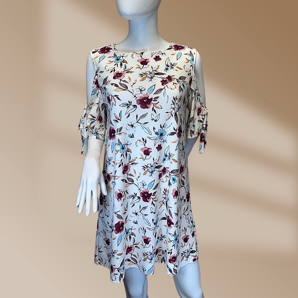 Mango Women's Cold Shoulder Dress Sz Large Cream Color w Multi-Color Florals